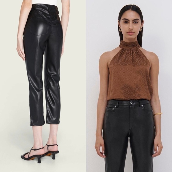 NWT JONATHAN SIMKHAI High Rise Vegan Leather Slim Straight Ankle Cropped Pants 2 - Picture 8 of 10